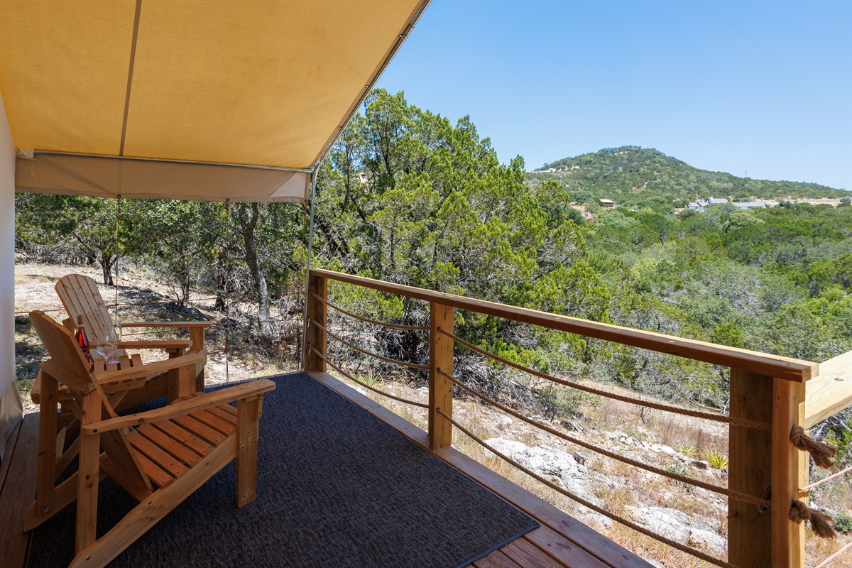 Luxury glamping tent with views of a ranch